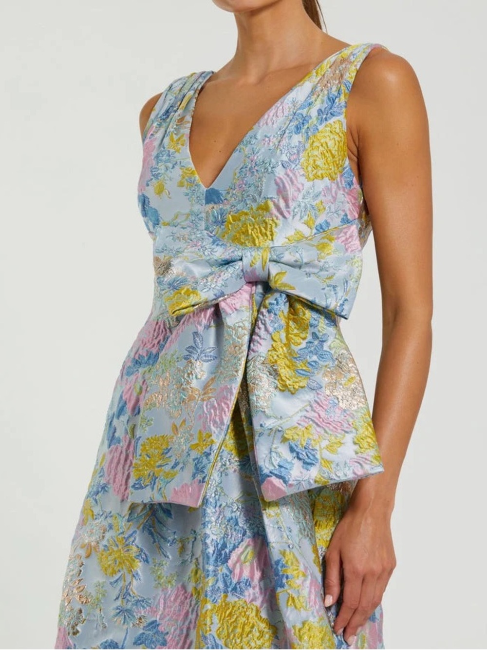 Mac Duggal One-Shoulder Light Blue Floral Jacquard Dress with Bow